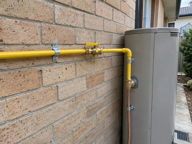 Yellow gas pipe with valve on a brick exterior wall beside a beige outdoor unit in Seven Hills