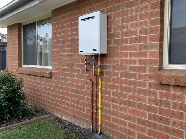 Outdoor wall-mounted hot water unit with copper and yellow pipework on a brick house exterior in Blacktown